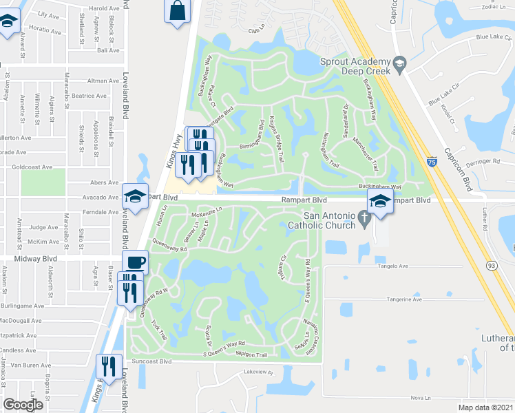 map of restaurants, bars, coffee shops, grocery stores, and more near 24084 Buckingham Way in Port Charlotte