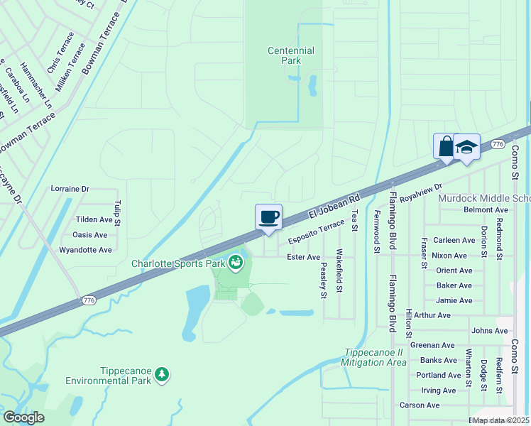 map of restaurants, bars, coffee shops, grocery stores, and more near Woodside Avenue in Port Charlotte