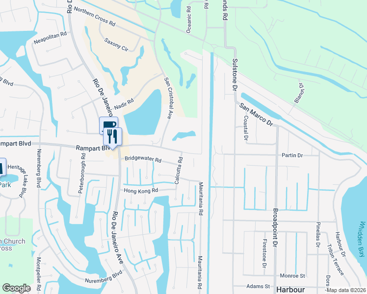 map of restaurants, bars, coffee shops, grocery stores, and more near 26430 Rampart Boulevard in Punta Gorda