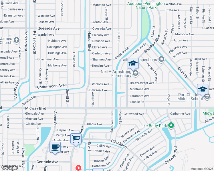 map of restaurants, bars, coffee shops, grocery stores, and more near 21517 Winlock Avenue in Port Charlotte