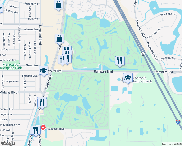 map of restaurants, bars, coffee shops, grocery stores, and more near 24056 Buckingham Way in Port Charlotte
