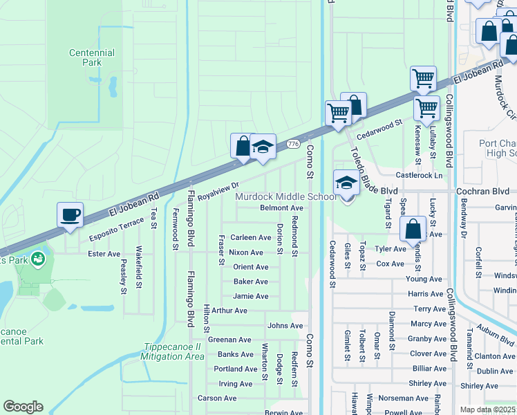 map of restaurants, bars, coffee shops, grocery stores, and more near 17123 Hemlock Avenue in Port Charlotte