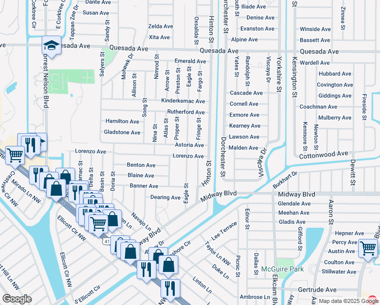 map of restaurants, bars, coffee shops, grocery stores, and more near 1525 Eagle Street in Port Charlotte