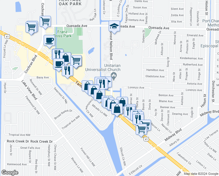 map of restaurants, bars, coffee shops, grocery stores, and more near 1532 Forrest Nelson Boulevard in Port Charlotte