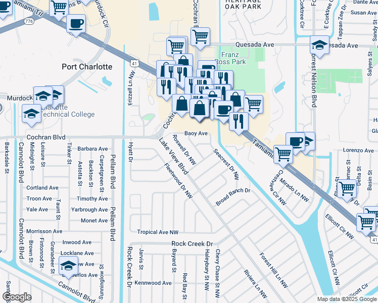 map of restaurants, bars, coffee shops, grocery stores, and more near 1261 Roswell Drive Northwest in Port Charlotte