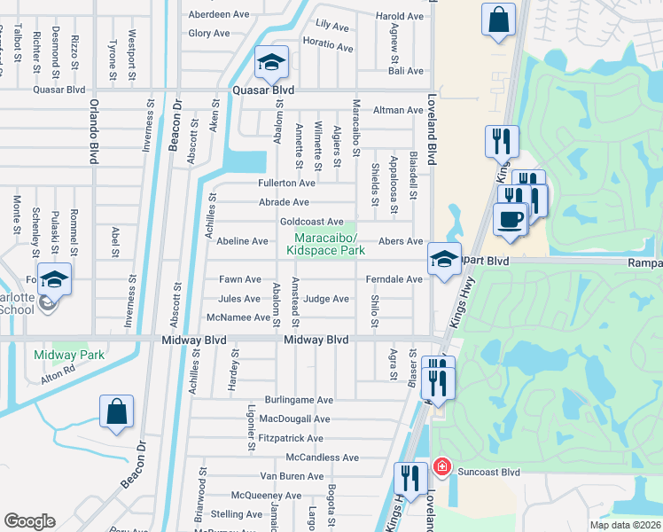 map of restaurants, bars, coffee shops, grocery stores, and more near 23385 Avacado Avenue in Port Charlotte