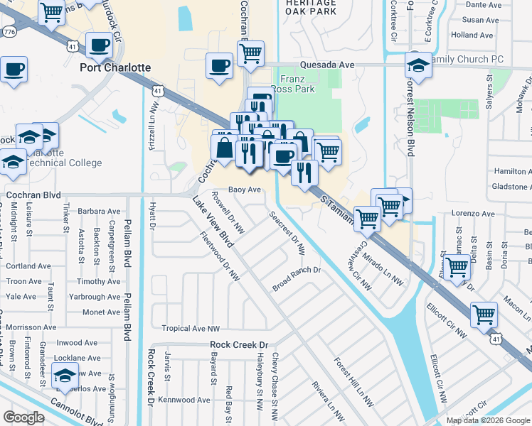 map of restaurants, bars, coffee shops, grocery stores, and more near 1015 Vega Avenue Northwest in Port Charlotte