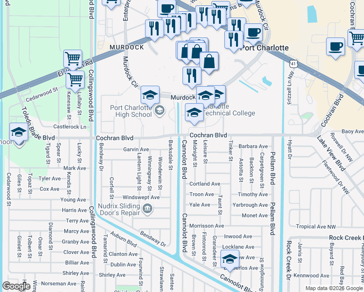 map of restaurants, bars, coffee shops, grocery stores, and more near 2016 Barksdale Street in Port Charlotte
