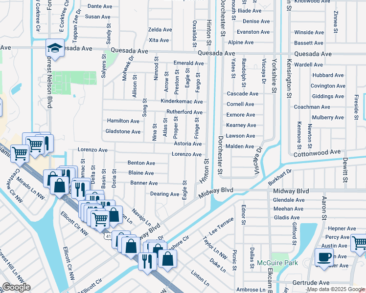 map of restaurants, bars, coffee shops, grocery stores, and more near 1525 Eagle Street in Port Charlotte