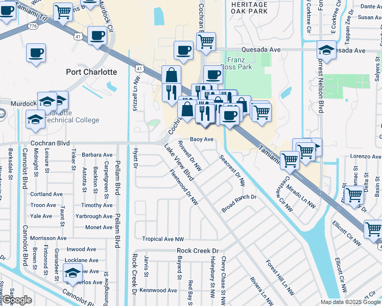 map of restaurants, bars, coffee shops, grocery stores, and more near 1261 Roswell Drive Northwest in Port Charlotte