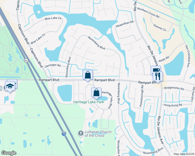 map of restaurants, bars, coffee shops, grocery stores, and more near 25442 Rampart Boulevard in Punta Gorda