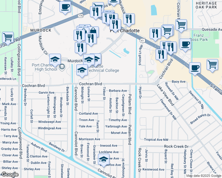 map of restaurants, bars, coffee shops, grocery stores, and more near 18424 Barbara Avenue in Port Charlotte