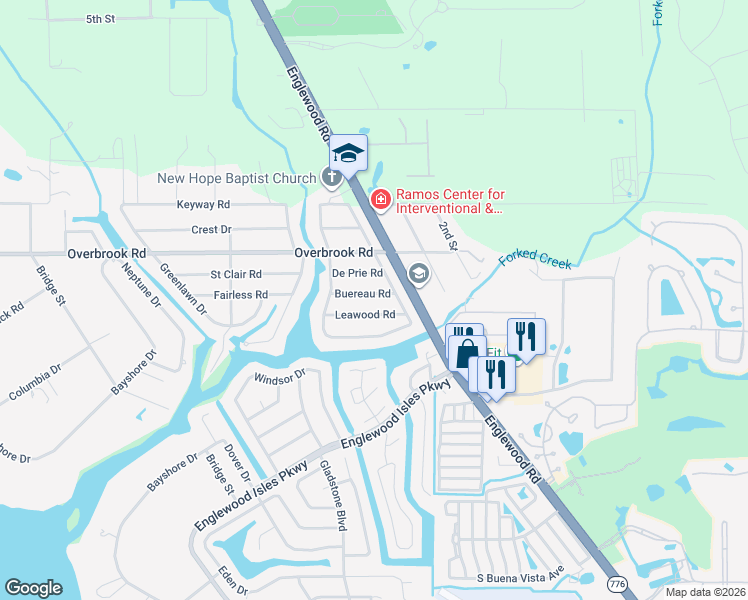 map of restaurants, bars, coffee shops, grocery stores, and more near 1325 Buereau Road in Englewood