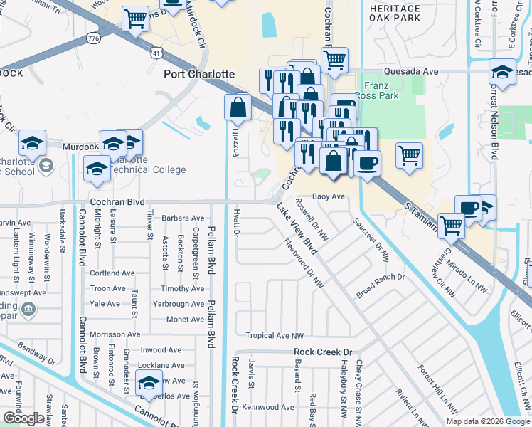 map of restaurants, bars, coffee shops, grocery stores, and more near 1232 Fleetwood Drive Northwest in Port Charlotte