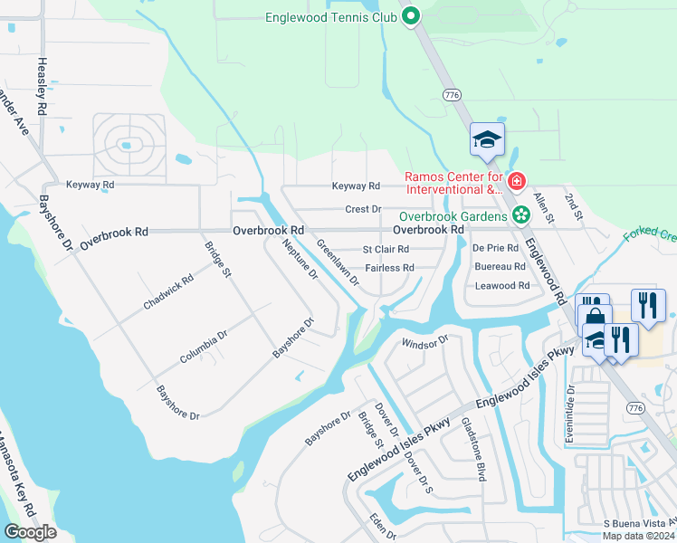 map of restaurants, bars, coffee shops, grocery stores, and more near 1960 Greenlawn Drive in Englewood