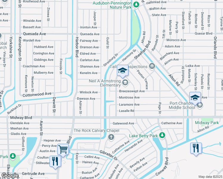 map of restaurants, bars, coffee shops, grocery stores, and more near 1624 Harmony Drive in Port Charlotte