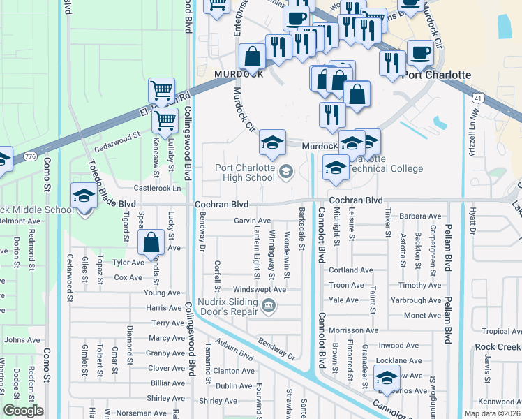 map of restaurants, bars, coffee shops, grocery stores, and more near 18135 Cochran Boulevard in Port Charlotte