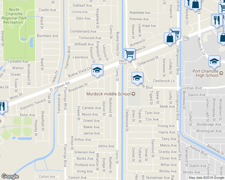 map of restaurants, bars, coffee shops, grocery stores, and more near 2014 Redmond Street in Port Charlotte