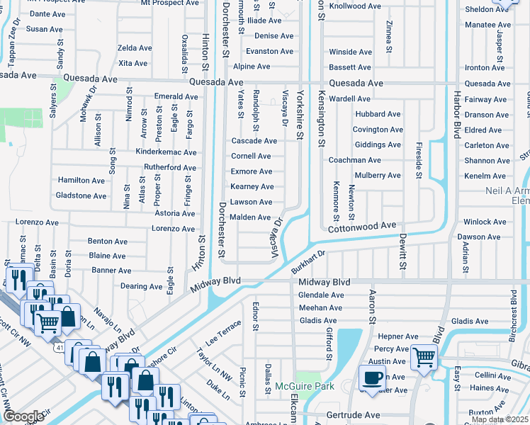 map of restaurants, bars, coffee shops, grocery stores, and more near 21044 Malden Avenue in Port Charlotte