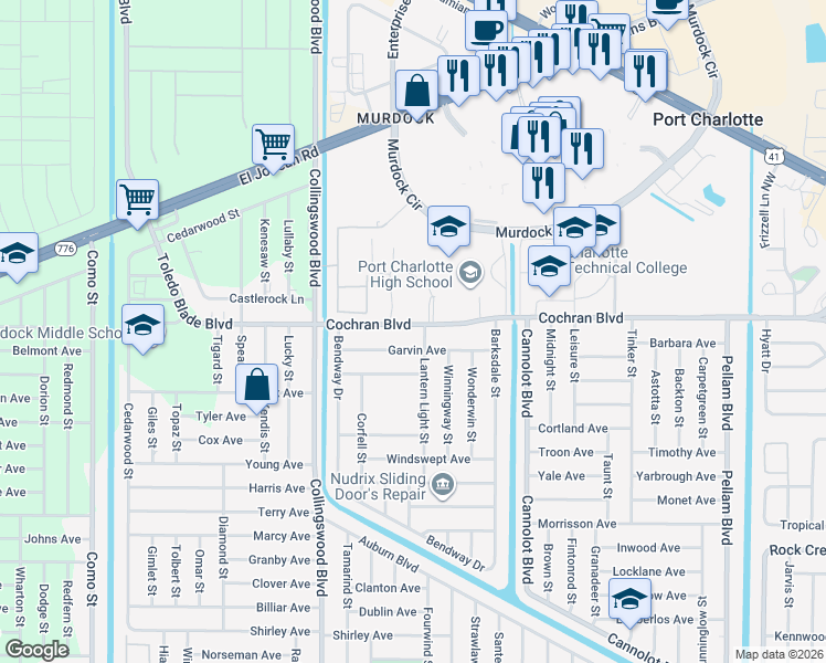 map of restaurants, bars, coffee shops, grocery stores, and more near 18135 Cochran Boulevard in Port Charlotte
