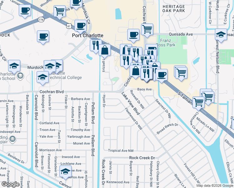 map of restaurants, bars, coffee shops, grocery stores, and more near 1232 Fleetwood Drive Northwest in Port Charlotte