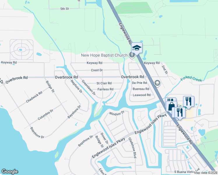 map of restaurants, bars, coffee shops, grocery stores, and more near 1906 Greenlawn Drive in Englewood