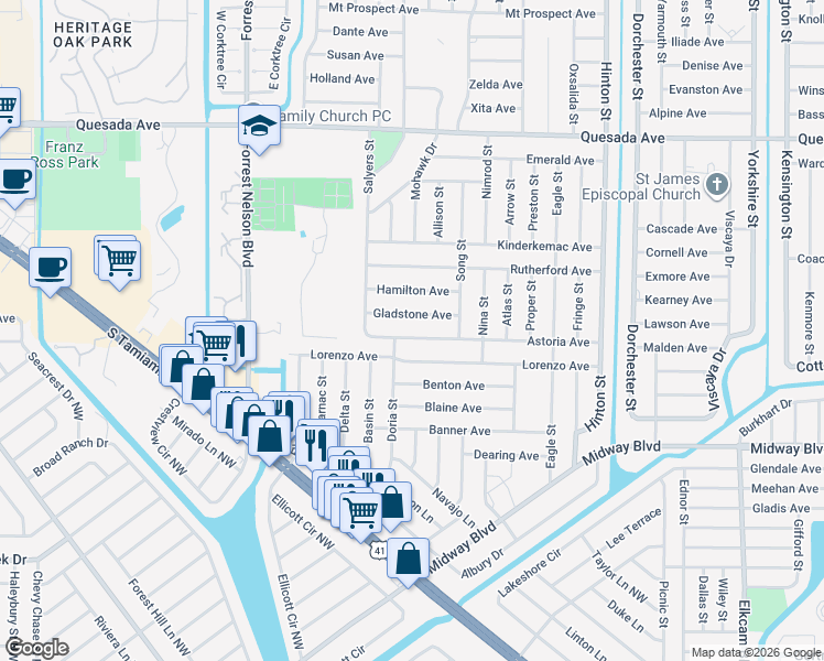 map of restaurants, bars, coffee shops, grocery stores, and more near 20237 Astoria Avenue in Port Charlotte