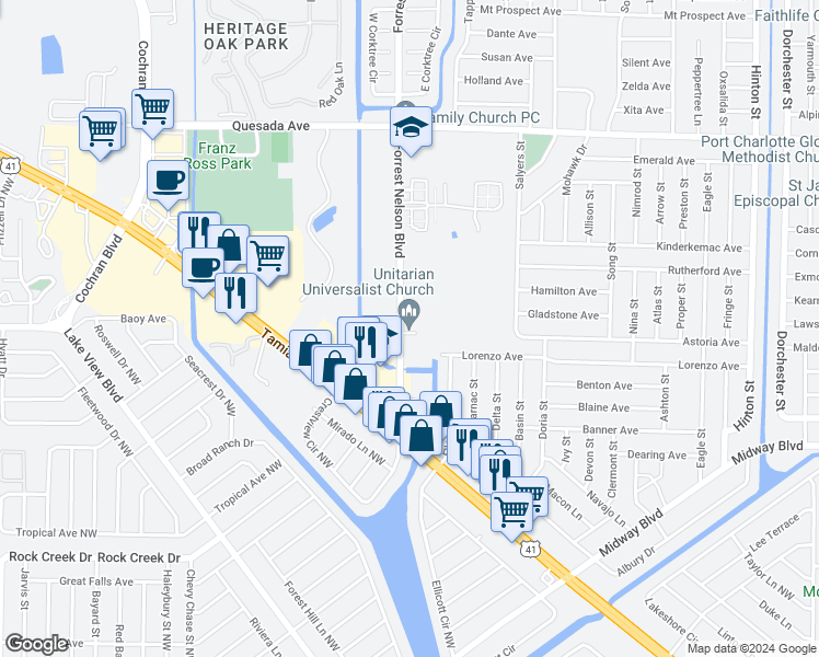 map of restaurants, bars, coffee shops, grocery stores, and more near 1532 Forrest Nelson Boulevard in Port Charlotte