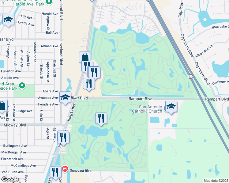 map of restaurants, bars, coffee shops, grocery stores, and more near 24084 Buckingham Way in Port Charlotte