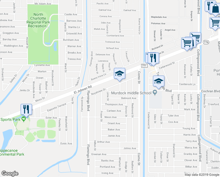map of restaurants, bars, coffee shops, grocery stores, and more near 17123 Hemlock Avenue in Port Charlotte