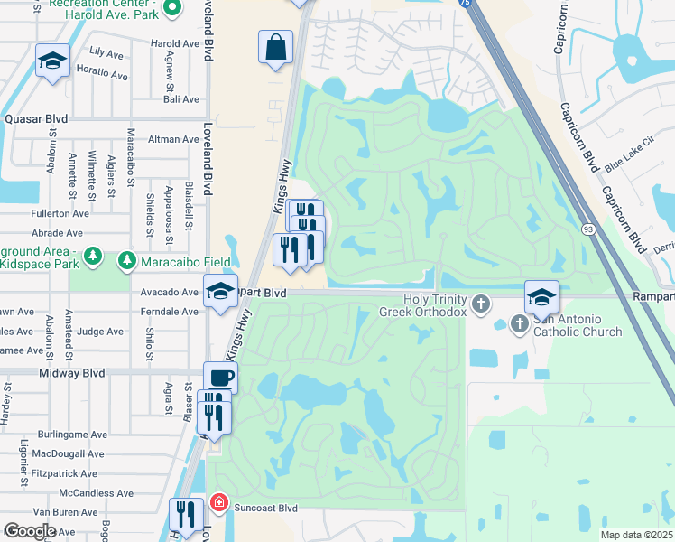 map of restaurants, bars, coffee shops, grocery stores, and more near 24108 Buckingham Way in Port Charlotte