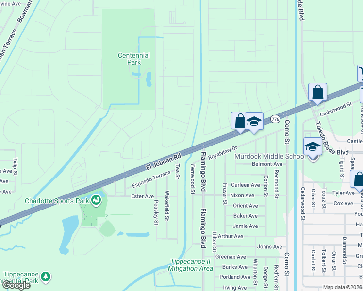 map of restaurants, bars, coffee shops, grocery stores, and more near Tenny Street in Port Charlotte