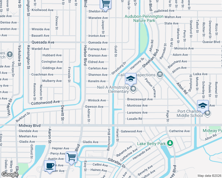 map of restaurants, bars, coffee shops, grocery stores, and more near 1491 Birchcrest Boulevard in Port Charlotte
