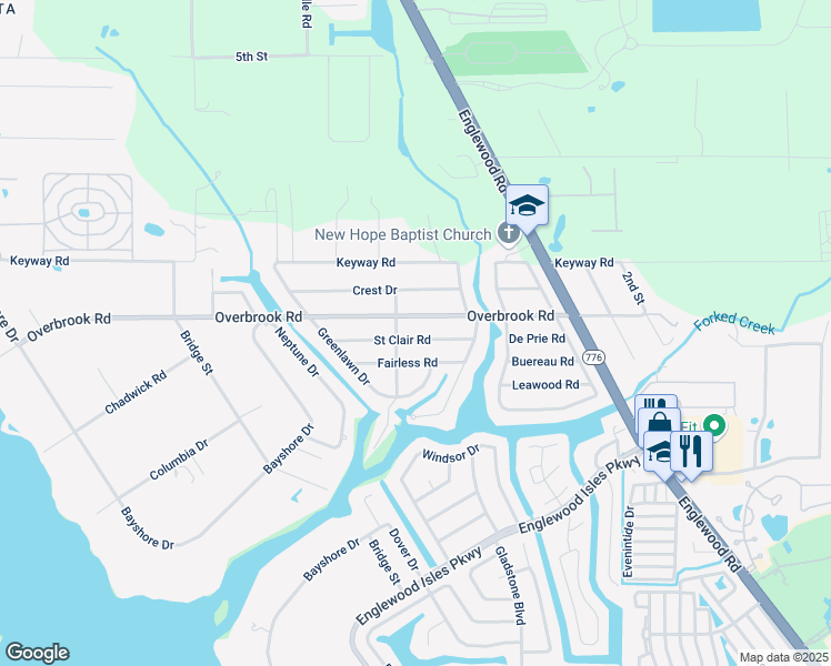 map of restaurants, bars, coffee shops, grocery stores, and more near 1497 Overbrook Road in Englewood