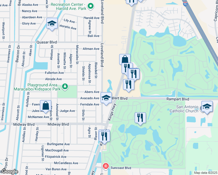 map of restaurants, bars, coffee shops, grocery stores, and more near 2101 Kings Highway in Port Charlotte