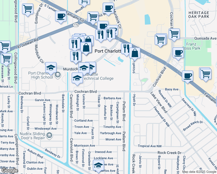 map of restaurants, bars, coffee shops, grocery stores, and more near 18440 Cochran Boulevard in Port Charlotte