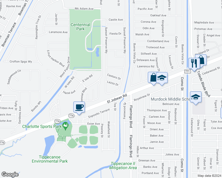 map of restaurants, bars, coffee shops, grocery stores, and more near Tenny Street in Port Charlotte