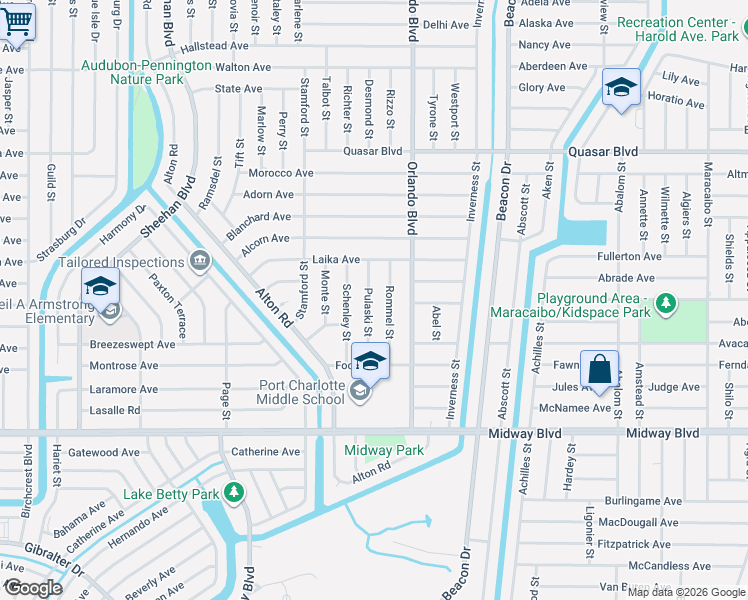map of restaurants, bars, coffee shops, grocery stores, and more near 1468 Pulaski Street in Port Charlotte