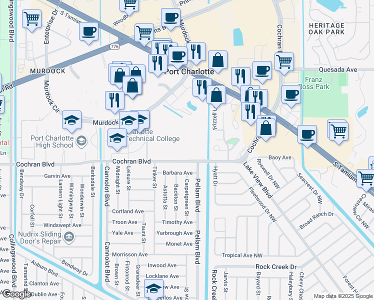 map of restaurants, bars, coffee shops, grocery stores, and more near 18480 Cochran Boulevard in Port Charlotte