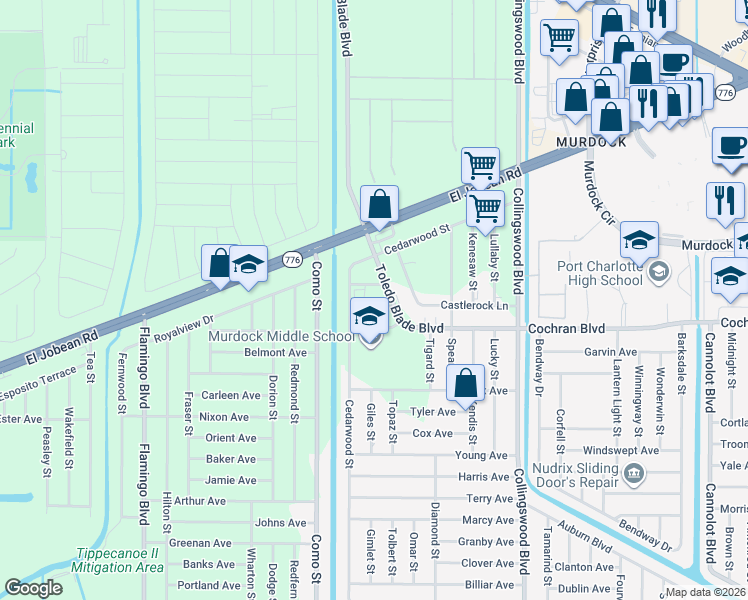 map of restaurants, bars, coffee shops, grocery stores, and more near 17322 Mercury Avenue in Port Charlotte