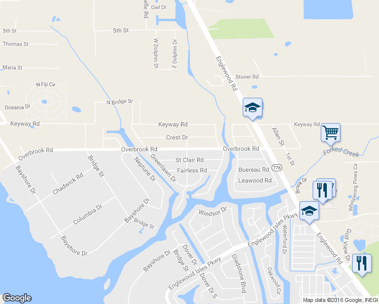 map of restaurants, bars, coffee shops, grocery stores, and more near 1497 Overbrook Road in Englewood
