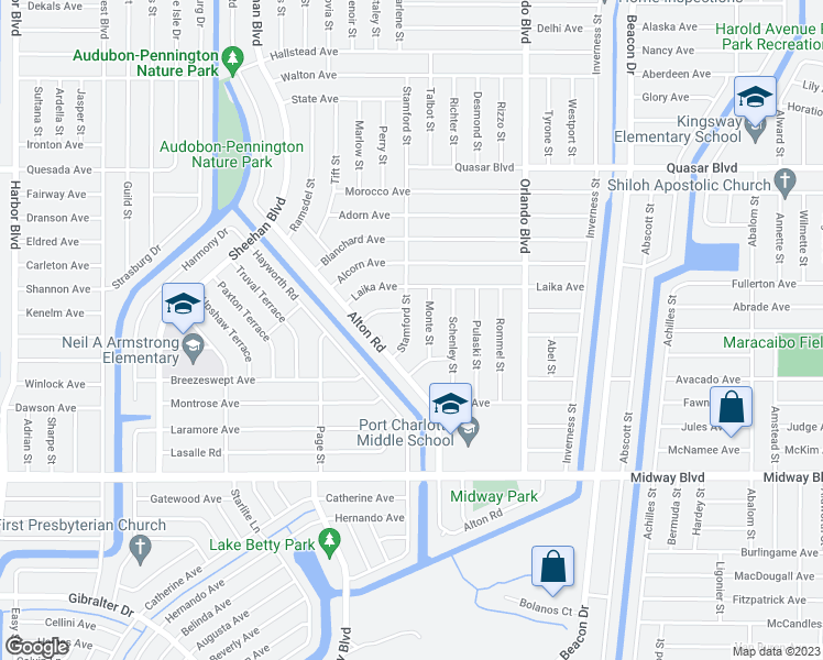 map of restaurants, bars, coffee shops, grocery stores, and more near 1468 Stamford Street in Port Charlotte