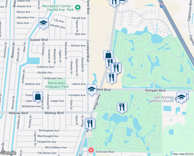 map of restaurants, bars, coffee shops, grocery stores, and more near 2101 Kings Highway in Port Charlotte