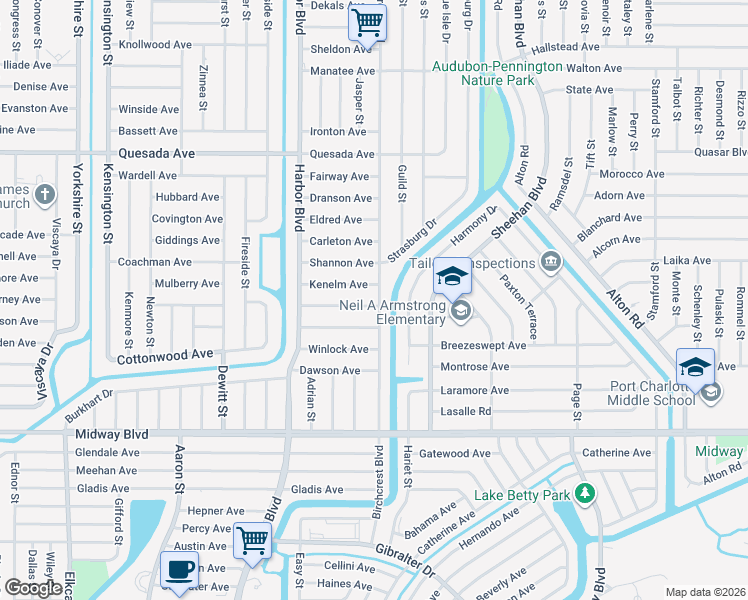 map of restaurants, bars, coffee shops, grocery stores, and more near 1491 Birchcrest Boulevard in Port Charlotte