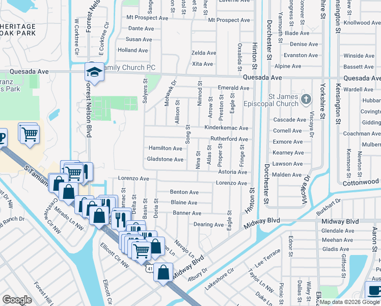 map of restaurants, bars, coffee shops, grocery stores, and more near 1470 Song Street in Port Charlotte