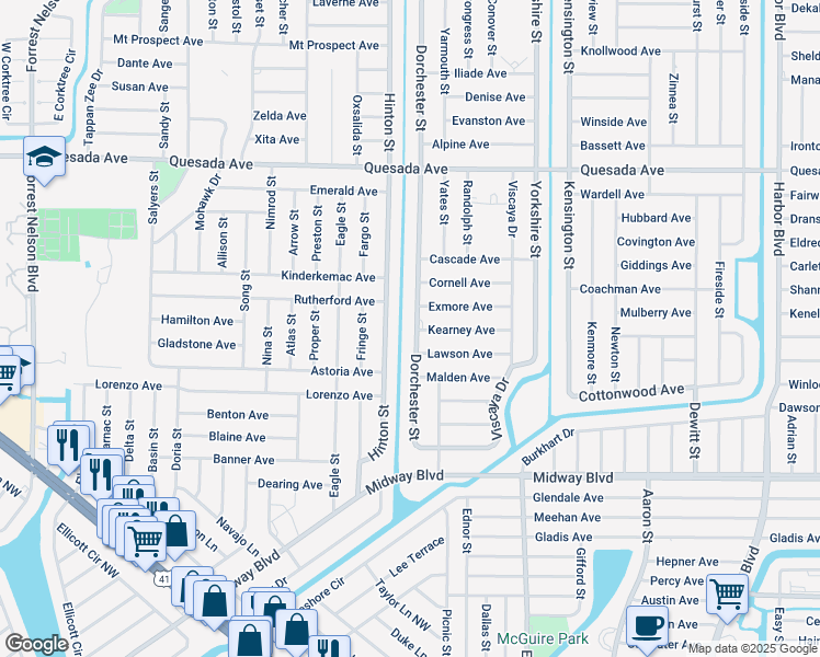 map of restaurants, bars, coffee shops, grocery stores, and more near 1461 Dorchester Street in Port Charlotte