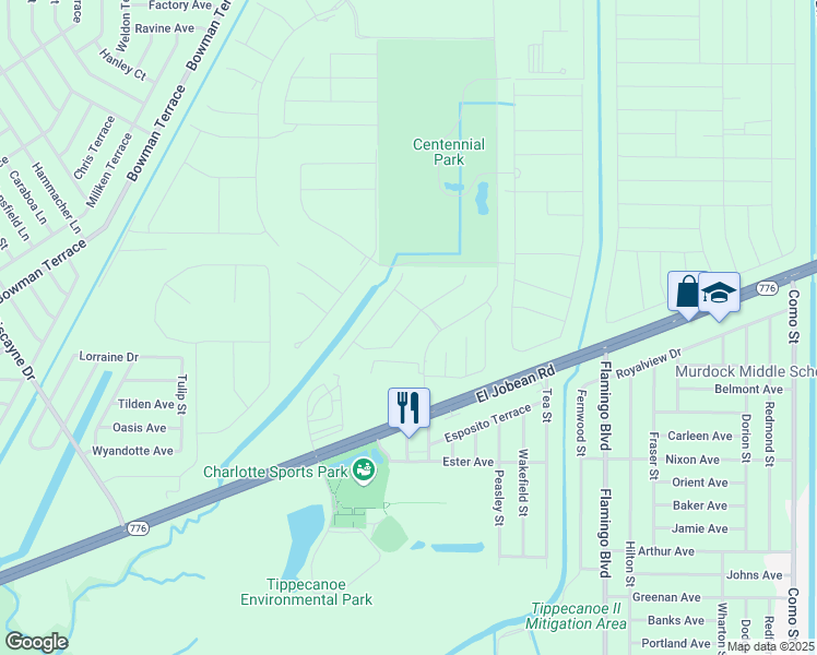 map of restaurants, bars, coffee shops, grocery stores, and more near Woodside Avenue in Charlotte County