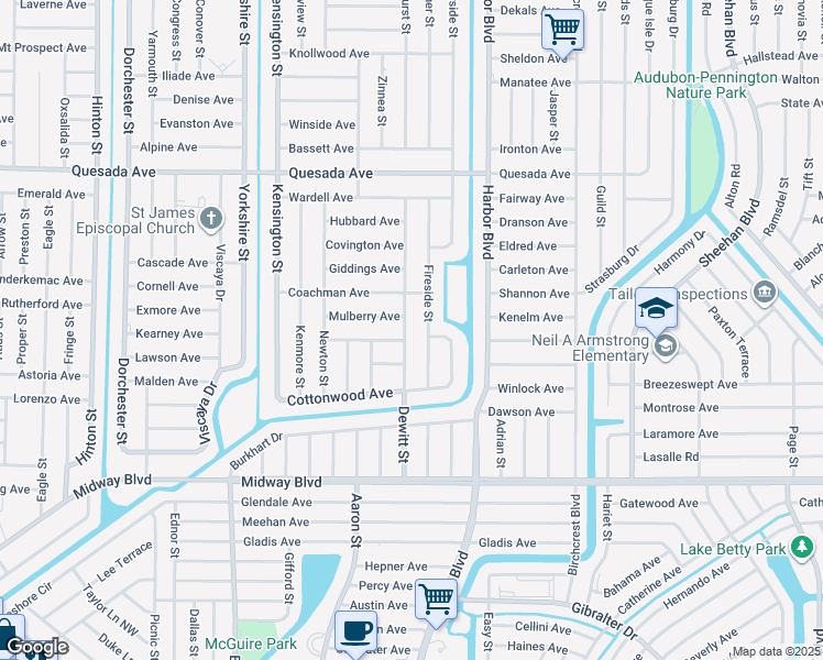 map of restaurants, bars, coffee shops, grocery stores, and more near 1481 Fireside Street in Port Charlotte
