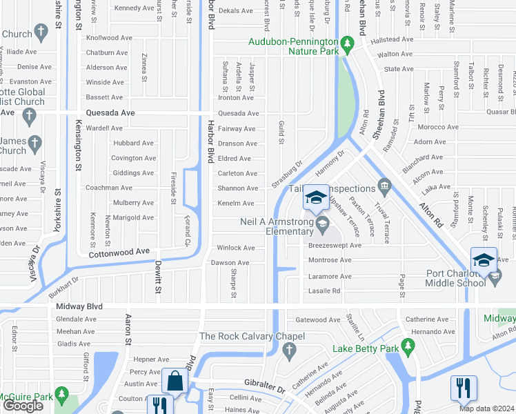map of restaurants, bars, coffee shops, grocery stores, and more near 21519 Kenelm Avenue in Port Charlotte