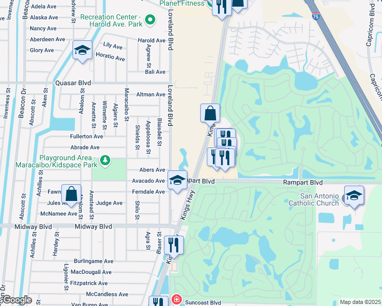 map of restaurants, bars, coffee shops, grocery stores, and more near 2101 Kings Highway in Port Charlotte